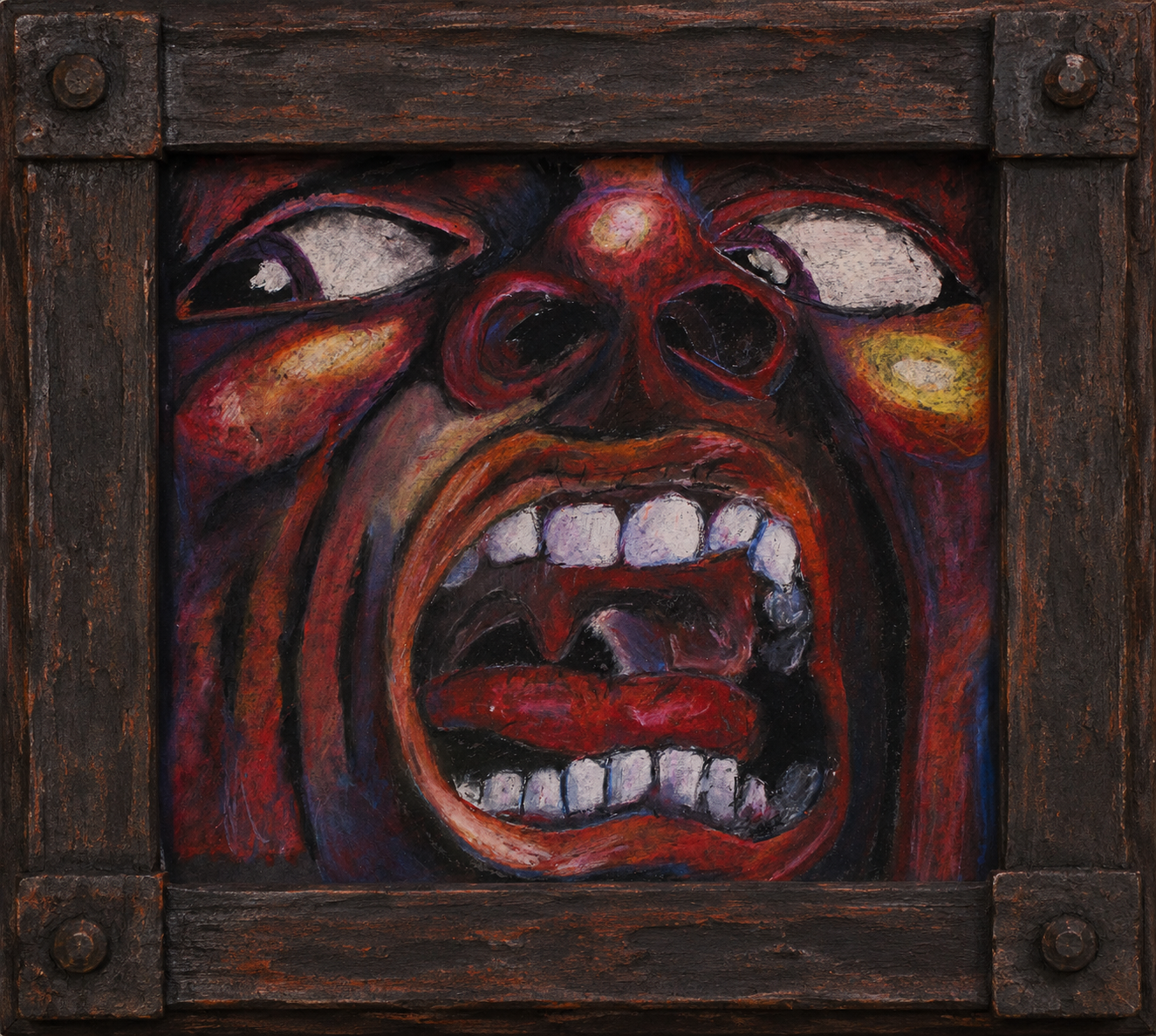 Expressive crimson face painting in a frame