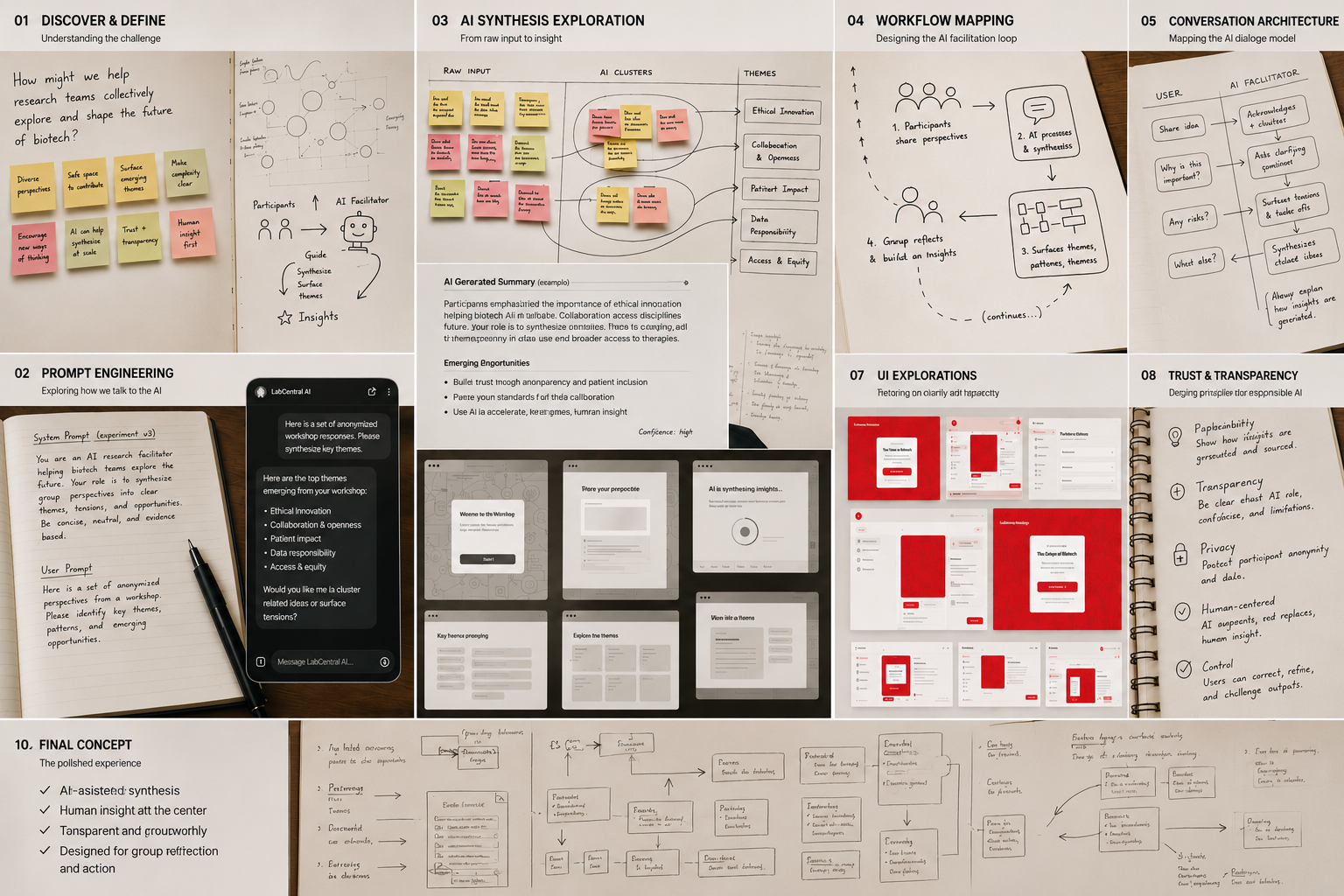 AI-assisted research synthesis — discovery, prompt engineering, workflow mapping, and UI explorations