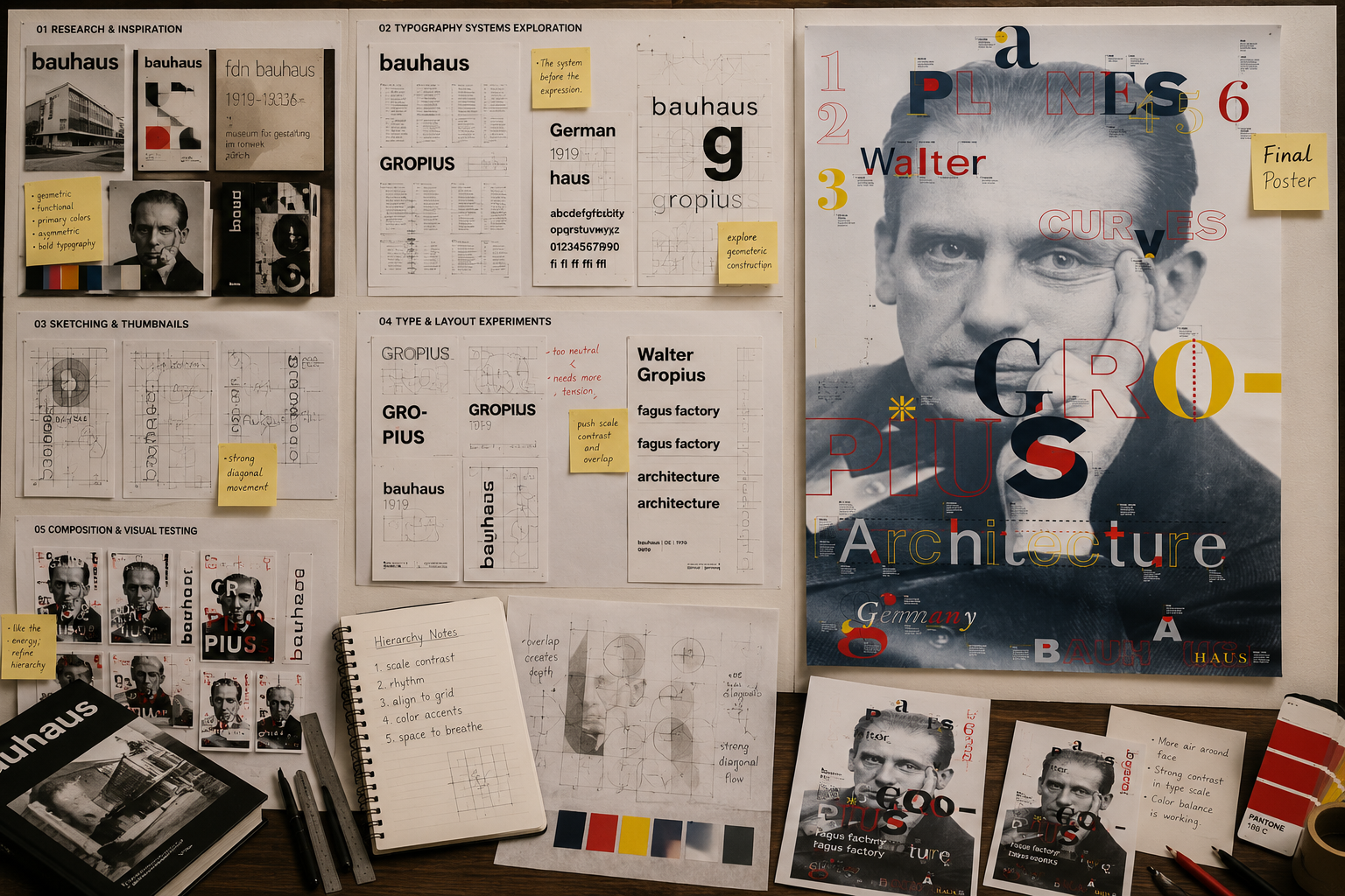 Gropius poster process board — research, typography exploration, and composition testing